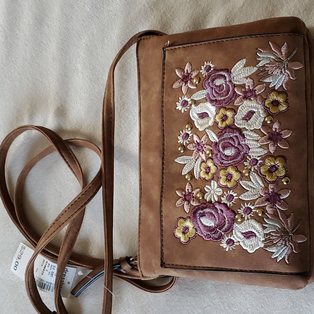 Dressbarn crossbody bag brown with purple beige and white floral design